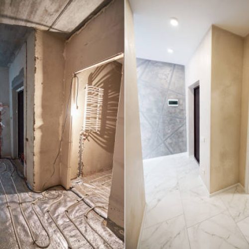 Modern apartment with marble floor before and after refurbishment. Comparison of old flat with underfloor heating pipes and new place with heated towel rail and stylish design. Concept of restoration.